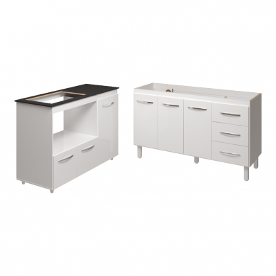 Armário Cozinha Carine Gabinete de Pia 140 cm e Balcão Alana para Cooktop 4 Bocas e Forno ou Microondas Branco