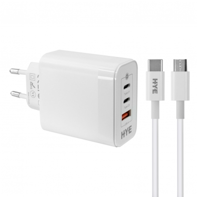 Carregador Hye HYEC79C - 65W - 2X Tipo c/USB - Cabo Tipo C - Bivolt - Branco