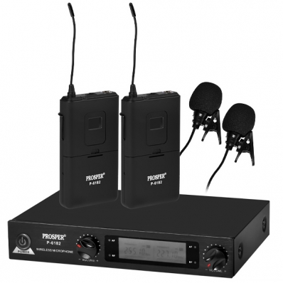Sistema de Microfone Sem Fio Prosper P-6182 com 2 Microfones Bivolt - Preto