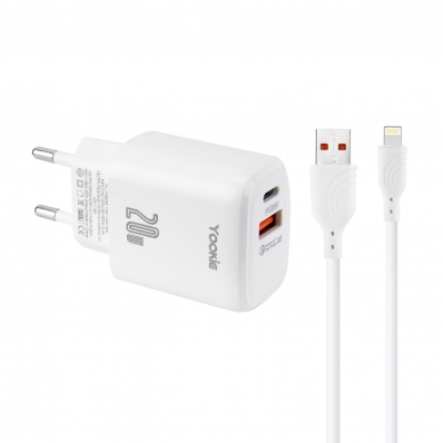 Carregador Yookie EI3Y - 20W - USB/Tipo C - Cabo Lightning - Bivolt - Branco