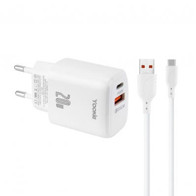 Carregador Yookie EI3Y - 20W - USB/Tipo C - Cabo Tipo C - Bivolt - Branco
