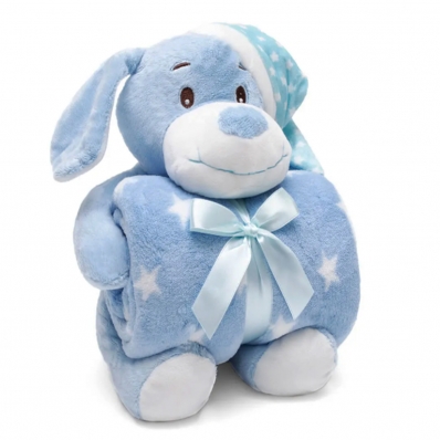Manta e Bichinho Pelúcia Buettner Baby Microfibra Puppy Dog com Touca Azul