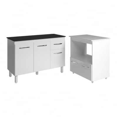 Balcão Armário Gabinete Aline 118 cm Branco com Tampo Preto e Balcão Amanda para Forno e Microondas Branco