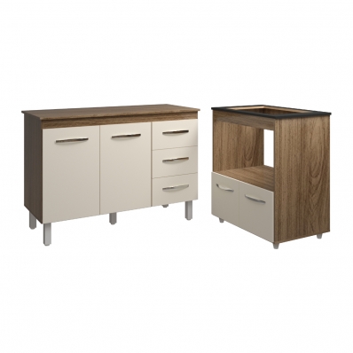 Balcão Armário Gabinete Bruna 118 cm Savana Off White com Tampo Savana e Balcão Evelyn Cooktop 4 Bocas Savana Off White