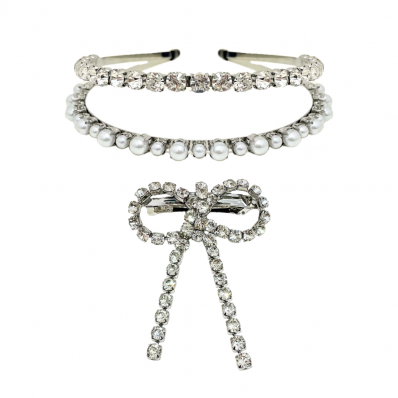 Kit Tiara Dupla Miuccia + Laço Metal Cristais