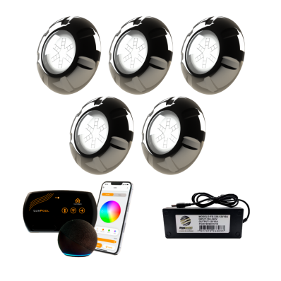 5 Refletor Inox RGB 9W + Control. SmartLux + Fonte 5A 60W
