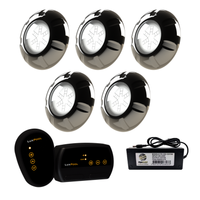 5 Refletor LED INOX RGB 9W + Módulo RGB + Fonte 5A 60W