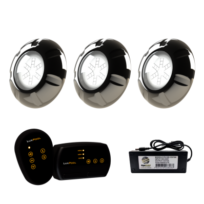 3 Refletor INOX RGB 9W + Módulo 2 Saídas RGB + Fonte 3A 36W