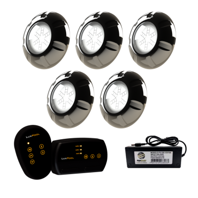 5 Refletor INOX RGB 9W + Módulo 2 Saídas RGB + Fonte 5A 60W