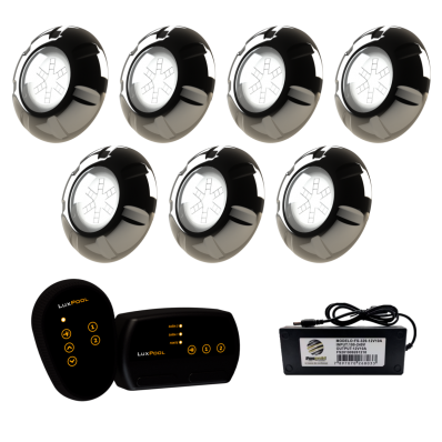 7 Refletor INOX RGB 9W + Módulo 2 Saída RGB + Fonte 10A 120W