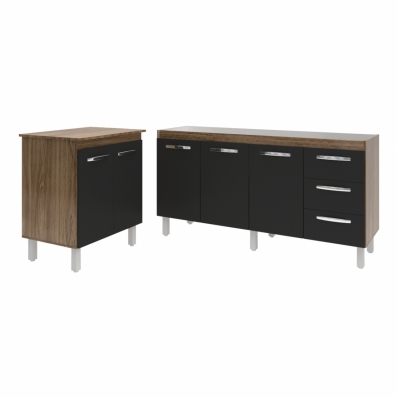 Balcão Cozinha Gabinete Para Pia 138 cm Carine e Balcão Jane Para Microondas ou Forno Elétrico Savana Preto