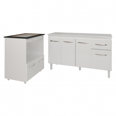 Armário Gabinete Camila 138 cm com Tampo Tampão e Balcão Evelyn Para cooktop 4 Bocas Branco