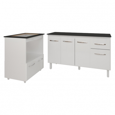 Armário Gabinete Camila 138 cm com Tampo Tampão e Balcão Evelyn Para cooktop 4 Bocas Branco e Preto