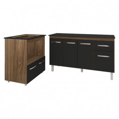 Armário Gabinete Camila 138 cm com Tampo Tampão e Balcão Evelyn Para cooktop 4 Bocas Savana e Preto