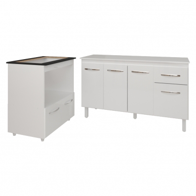 Armário Gabinete Camila 138 cm com Tampo Tampão e Balcão Evelyn Para cooktop 5 Bocas Branco