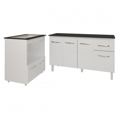 Armário Gabinete Camila 138 cm com Tampo Tampão e Balcão Evelyn Para cooktop 5 Bocas Branco e Preto