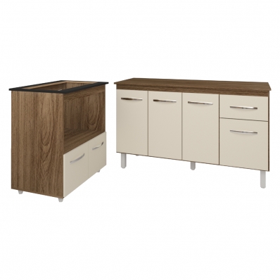 Armário Gabinete Camila 138 cm com Tampo Tampão e Balcão Evelyn Para cooktop 5 Bocas Savana e Off White