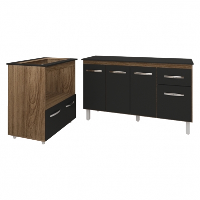 Armário Gabinete Camila 138 cm com Tampo Tampão e Balcão Evelyn Para cooktop 5 Bocas Savana e Preto