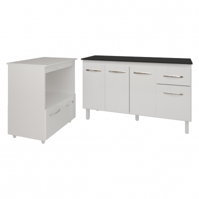 Armário Gabinete Camila 138 cm com Tampo Tampão e Balcão Amanda para Forno e Microondas Branco e Preto