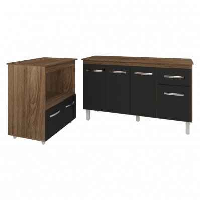 Armário Gabinete Camila 138 cm com Tampo Tampão e Balcão Amanda para Forno e Microondas Savana com Preto