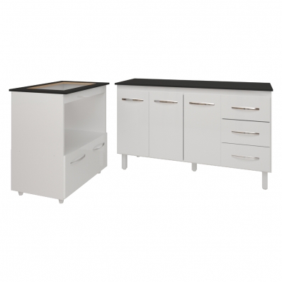 Gabinete Armário Carine 138 cm com Tampo Tampão e Balcão Evelyn Para cooktop 4 Bocas Branco e Preto