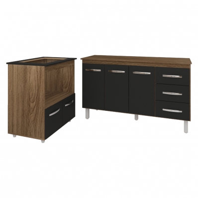 Gabinete Armário Carine 138 cm com Tampo Tampão e Balcão Evelyn Para cooktop 4 Bocas Savana com Preto