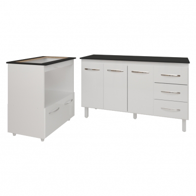 Gabinete Armário Carine 138 cm com Tampo Tampão e Balcão Evelyn Para cooktop 5 Bocas Branco e Preto