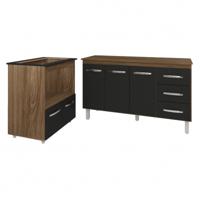 Gabinete Armário Carine 138 cm com Tampo Tampão e Balcão Evelyn Para cooktop 5 Bocas Savana com Preto