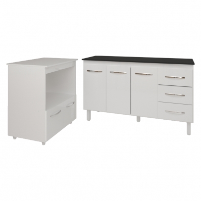 Gabinete Armário Carine 138 cm com Tampo Tampão e Balcão Amanda para Forno e Microondas Branco e Preto