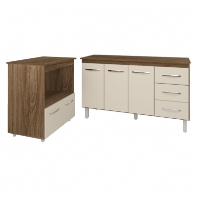 Gabinete Armário Carine 138 cm com Tampo Tampão e Balcão Amanda para Forno e Microondas Savana e Off White