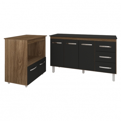 Gabinete Armário Carine 138 cm com Tampo Tampão e Balcão Amanda para Forno e Microondas Savana e Preto