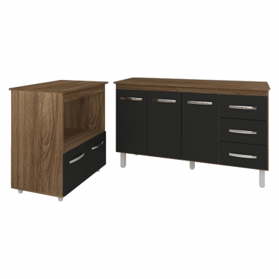 Gabinete Armário Carine 138 cm com Tampo Tampão e Balcão Amanda para Forno e Microondas Savana com Preto