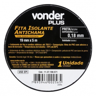 FITA ISOLANTE 19MMX5M PRETA VONDER 