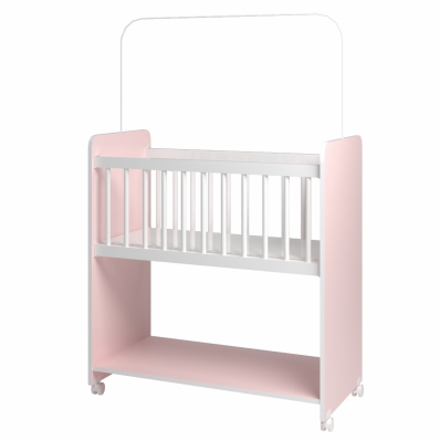 Mini Berço Fixo Compacto Portátil Para Bebê com Rodízio Colchão Suporte Para Mosquiteiro e Prateleira Rosa Branco