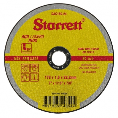 Disco Aco Inox Starrett - 7"X1/6"X7/8" - Fino 1,6Mm - Dac180-24