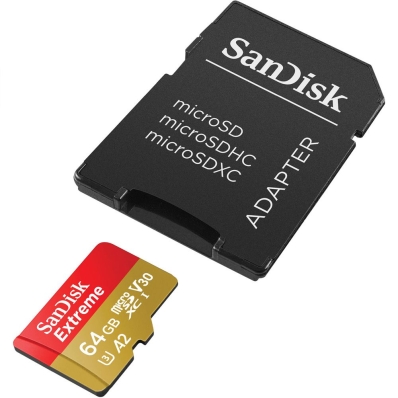 Cartão de Memória Micro SD Sandisk Extreme 170-80 MB/s U3 64GB com Adaptador (SDSQXAH-064G-GN6AA)