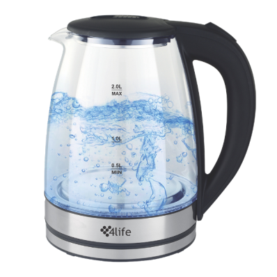 Chaleira Elétrica de Vidro 4life CrystalFlow Electric Glass Kettle FLG2220 / 2 Litros / 1500W / 220V ~ 50/60Hz - Preto/Transparente