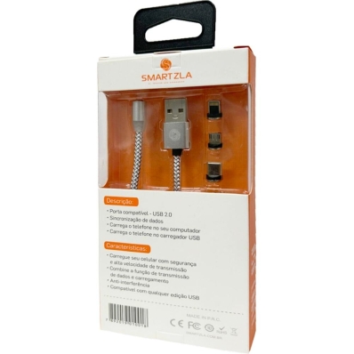 Cabo Magnetico Smartzla USB 2.0 para Lightning USB-C Micro-USB SAT-C005 (1 Metro) - Prata