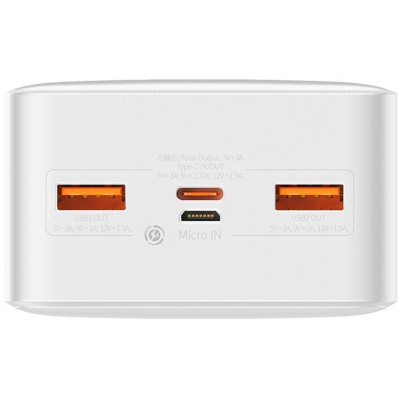 Carregador Portatil Baseus Bipow LCD 20 W 30.000 Mah 2 X USB-A + USB-C + Micro USB - Branco (PPBD050402)