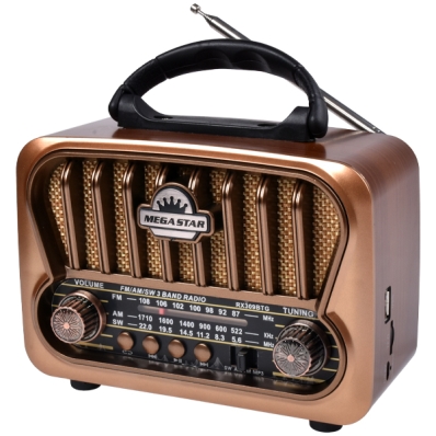 Radio Portatil AM/FM/SW Megastar RX309BTG 600 Watts P.M.P.O Bivolt - Dourado/Marrom