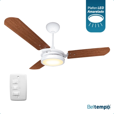 Ventilador de Teto Potente Pás MDF LED Amarelado 3000K Beltempo Brizzo