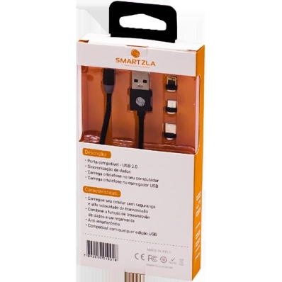 Cabo Magnetico Smartzla USB 2.0 para Lightning USB-C Micro-USB SAT-C005 (1 Metro) - Preto