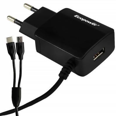 Carregador USB Ecopower EP-7068 com Cabo Type-C Y Micro USB - Preto