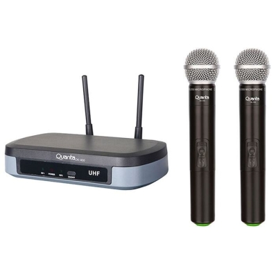 Microfone Duplo Profissional Quanta QTMWU104 Wireless Uhf Preto