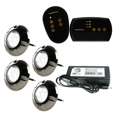 Kit Iluminação 4 Led Inox RGB 9W Luxpool Cabo 10m Automação 2 Saída RGB Fonte 3A 36W