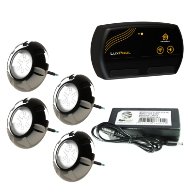 Kit Iluminação 4 Led Inox RGB 9W Luxpool Cabo 10m Smartux Wifi Saída RGB Fonte 3A 36W