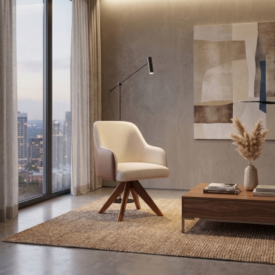 Poltrona Decorativa Base Madeira Girat&oacute;ria Design Moderno Alaska Natural Conhaque