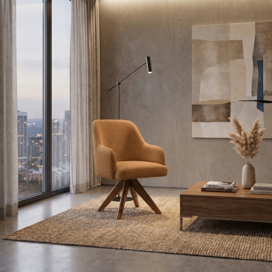 Poltrona Decorativa Base Madeira Girat&oacute;ria Design Moderno Alaska Caramelo