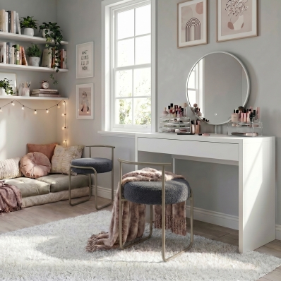 Kit 2 Puff Redondo Estofado Base Reforçada Aço Metal Champagne Preto