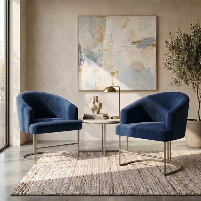 Kit 2 Poltrona Decorativa Moderno Base Aço Champanhe Cor Azul Marinho